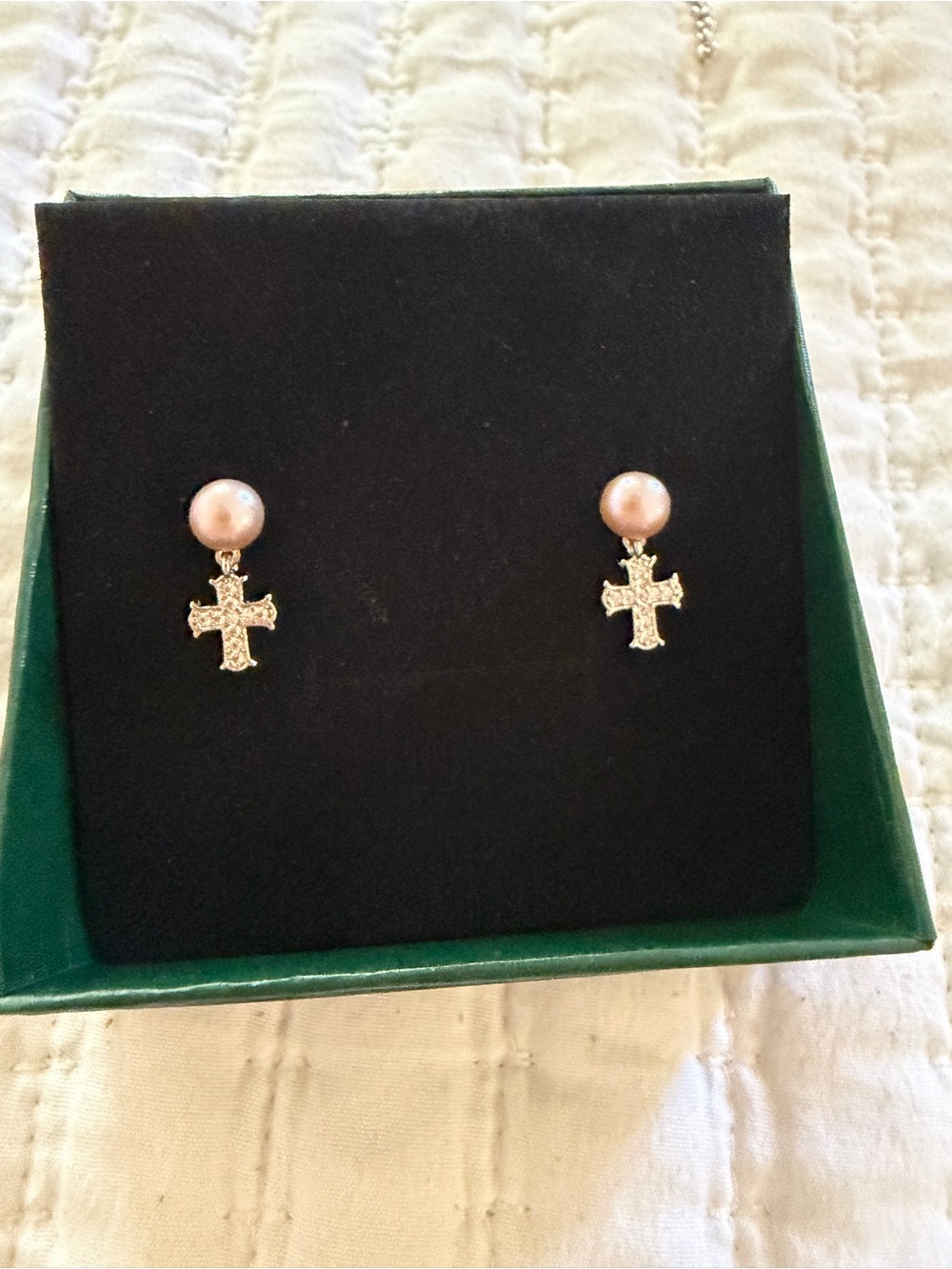 Pearl Stud Cross Dangle Earrings - Pink Pearl with Gold Cross Edison pearl